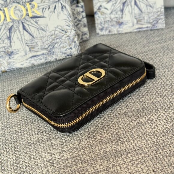 NWT Dior Caro Dahlia Women's Zipped Wallet Black Leather Coin Purse - Picture 2 of 8